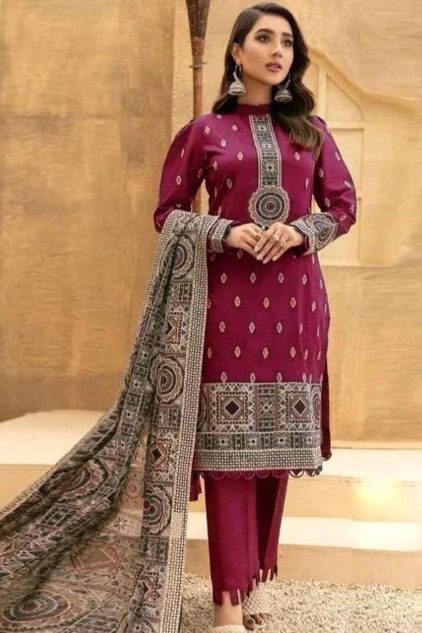 3 PIECE EMBROIDRED DHANAK SUIT SV-1025