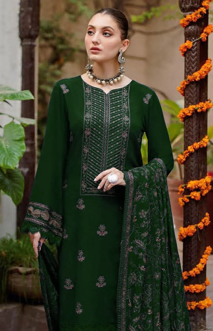 BAREEZE 3 PIECE EMBROIDRED DHANAK SUIT  SV1011